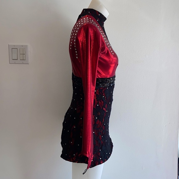 Romantic Gothic Black Lace & Diamond Detailed Deep Red Bodysuit Dress - Picture 8 of 12